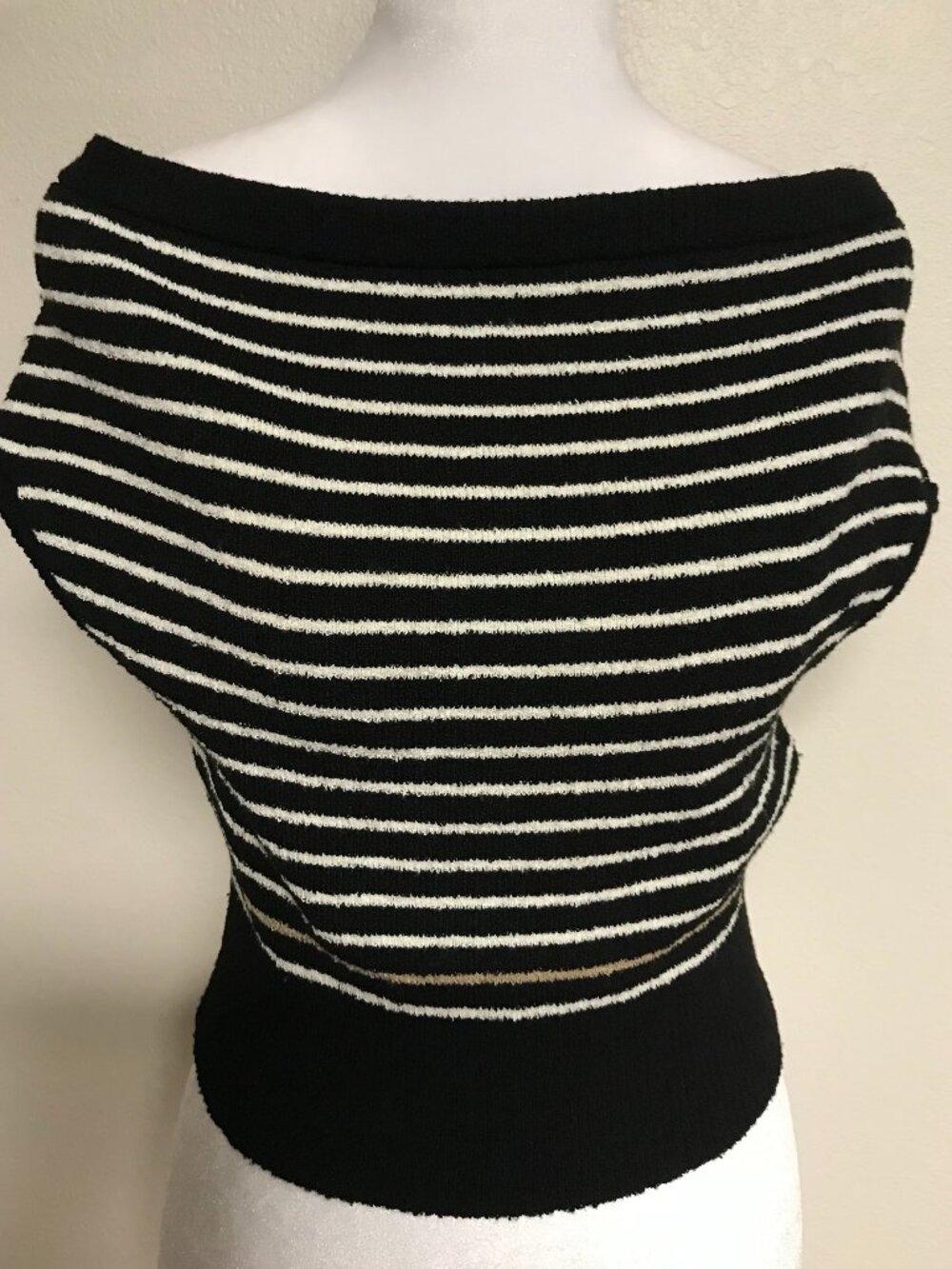 Mahina Striped Knit Top Small Black Ivory Stretch Off Shoulder NWT